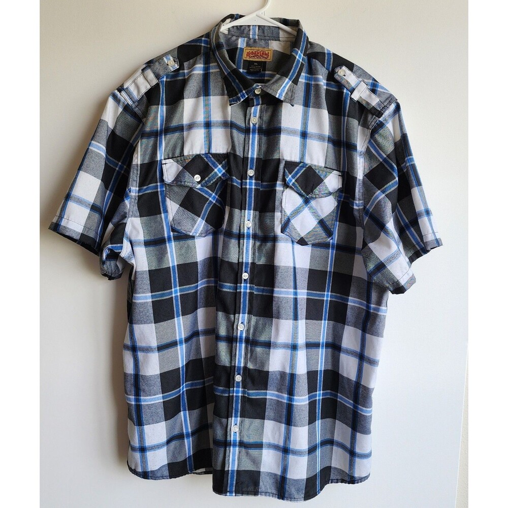 Urban Label Men’s 3XL Short Sleeve Plaid Button Up Shirt Black Blue White Casual